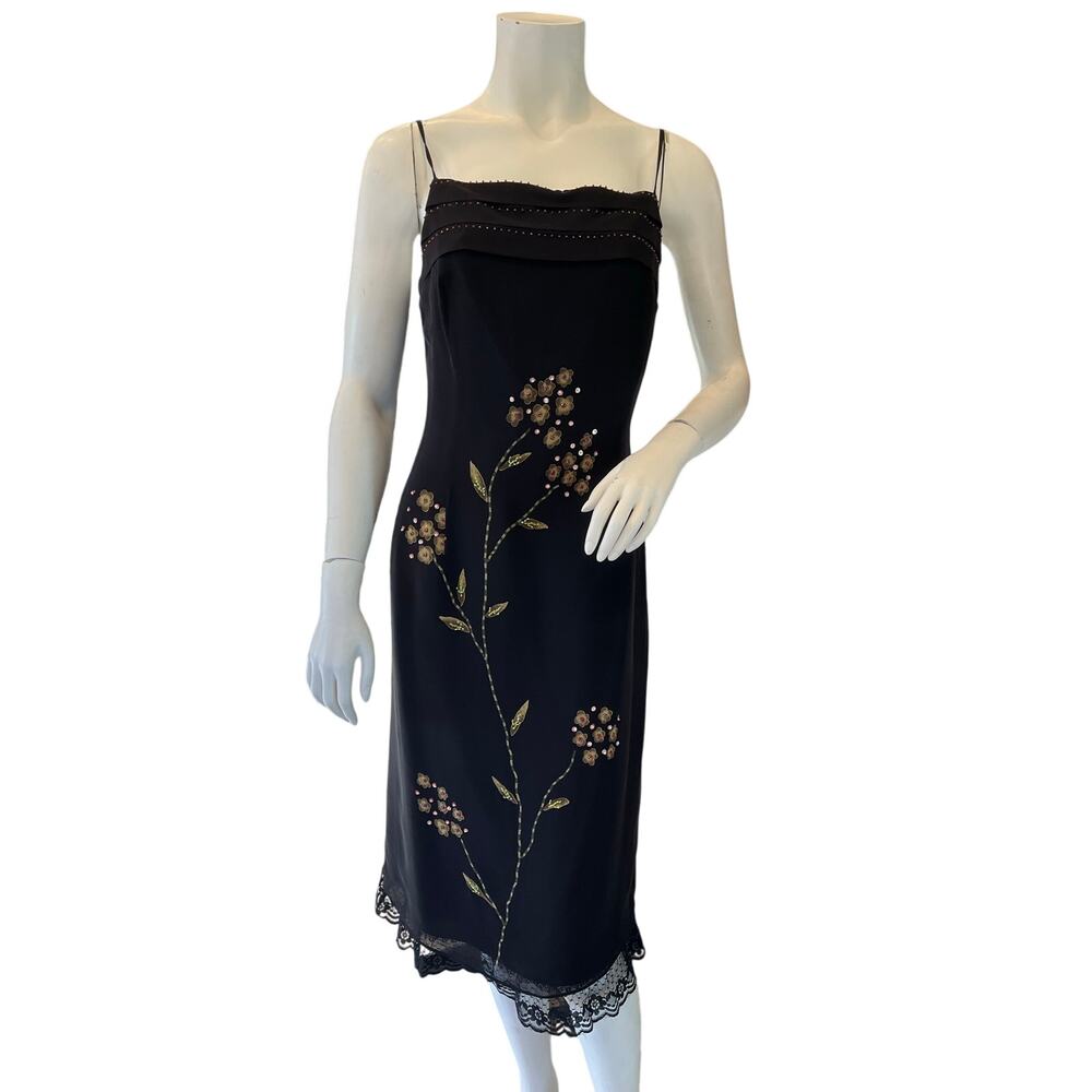 Papell Boutique Evening 100% Silk Black Floral Beaded Slip Dress Lace Hem Size 8